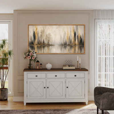 Misty lake with gold streaks Framed Wall Art, Ready to Hang, 60 x 30 Inches