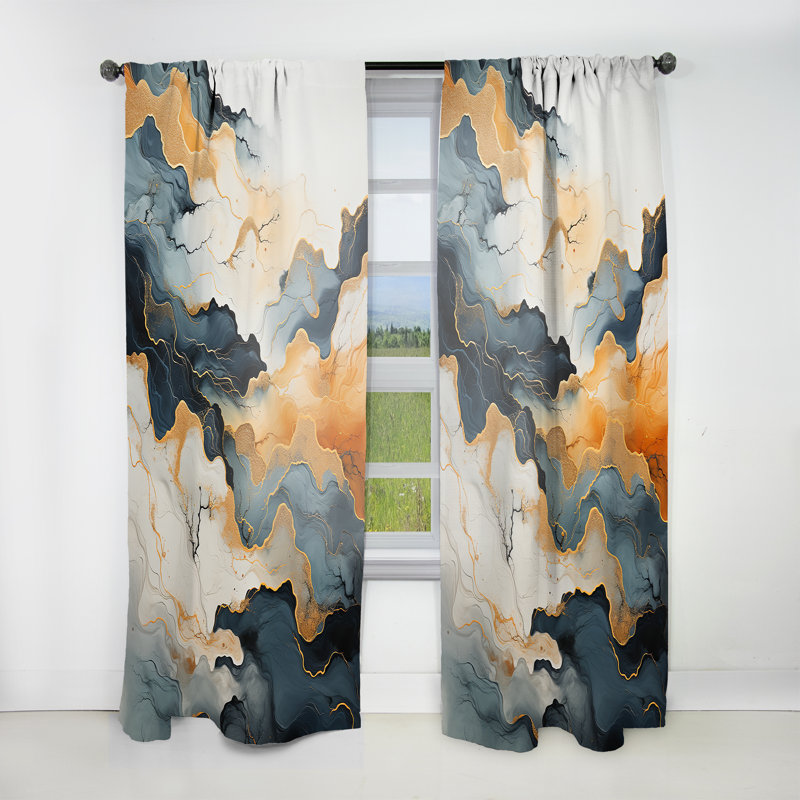 Innisfree Abstract Orange And Blue River Ink II - Abstract Marble Curtain - Velvet Room Darkening - 1 panel, 52" W x 95" L