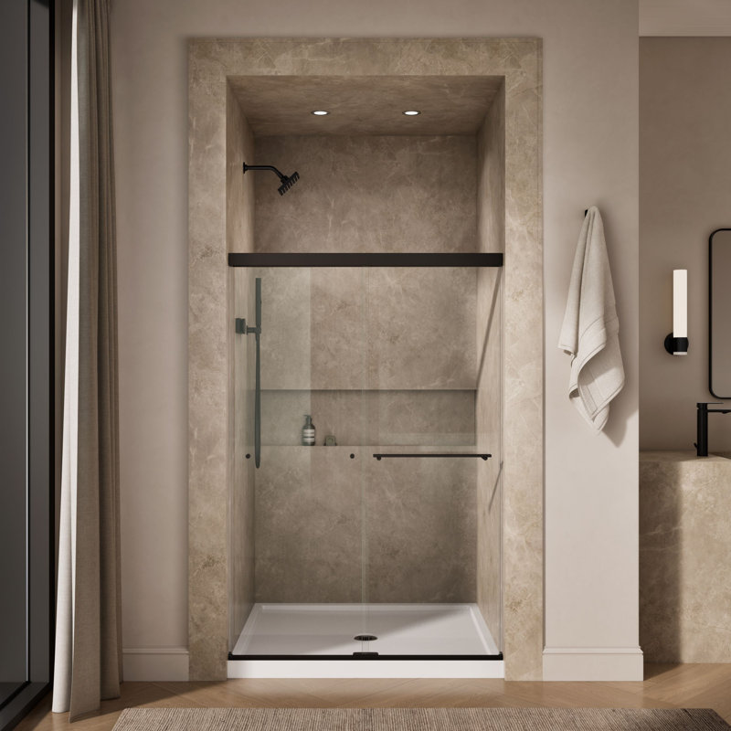 Revel Sliding Shower Door, 70-In H X 44-5/8 - 47-5/8-In W, With 1/4-In Thick Frosted Glass, Anodized Dark Bronze