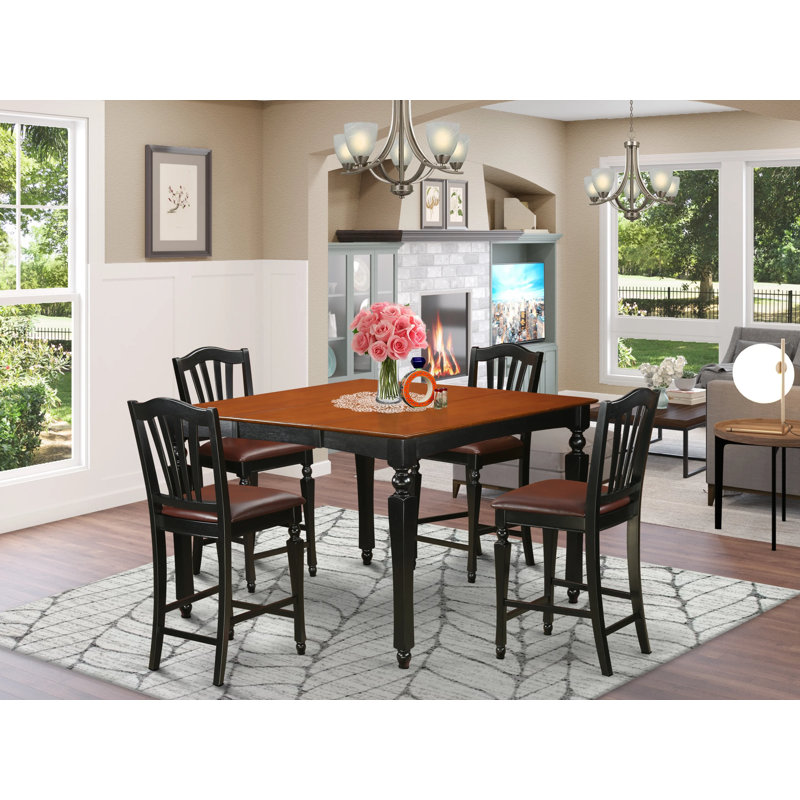 Ensemble de table de salle à manger 5 pièces à hauteur de comptoir comprenant une table de cuisine carrée avec rallonge papillon et 4 chaises rembourrées en similicuir de 54 po x 54 po, noir et cerisier