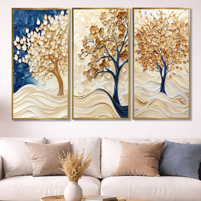 «Gold Winter Maple Tree Essence», art mural encadré 3 pièces, Cadre flottant doré, H 40 po x l 60 po