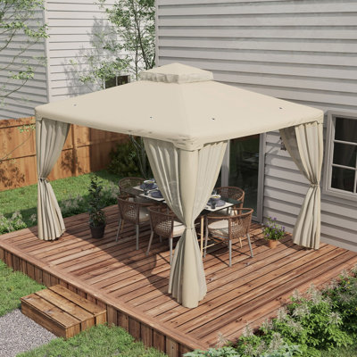 Patio Gazebo, Outdoor Canopy Shelter With 2-Tier Roof And Netting, Steel Frame For Garden, Lawn, Backyard, And Deck
