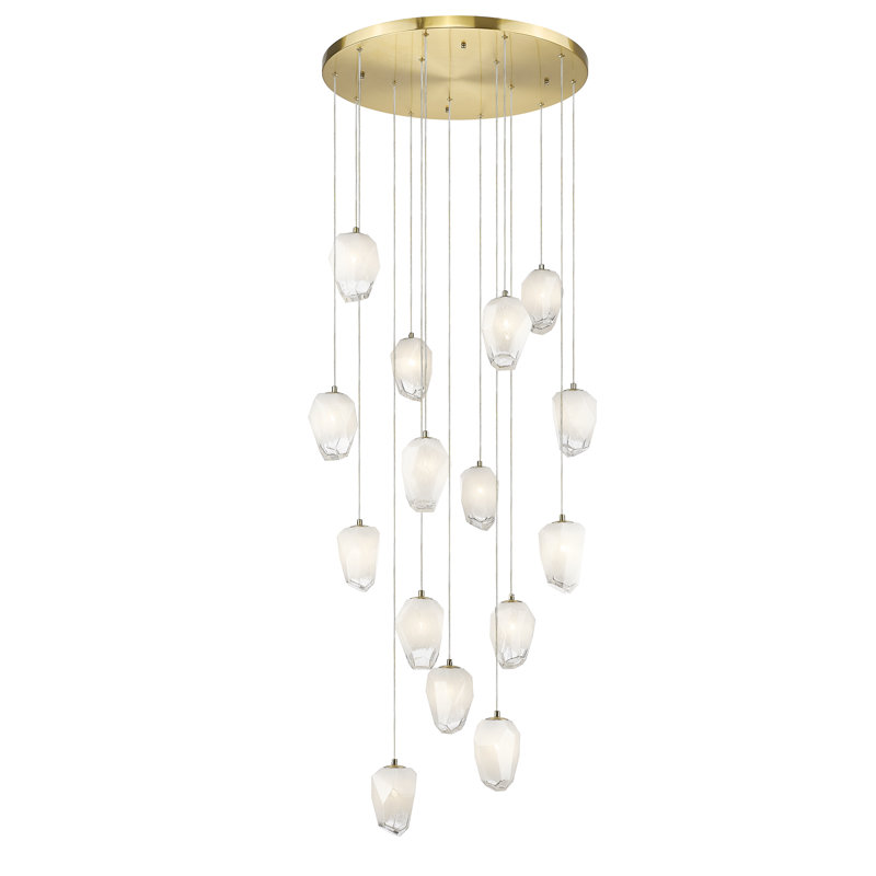 15-Light Gold Chandelier With White Glass Pendants, Gold