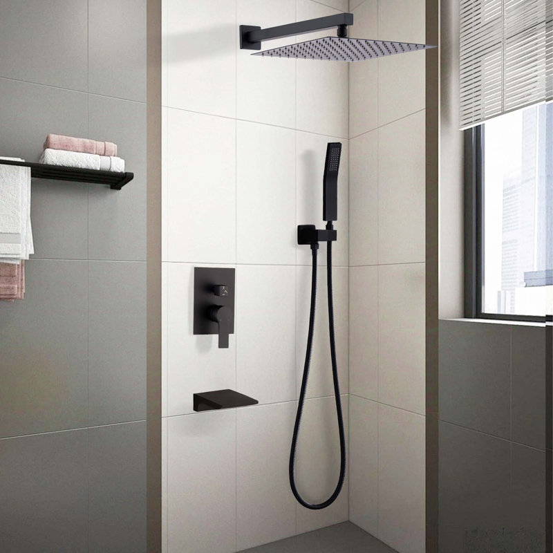 Système de robinet de douche mural moderne noir avec pomme de douche à pluie et ensemble de poignées