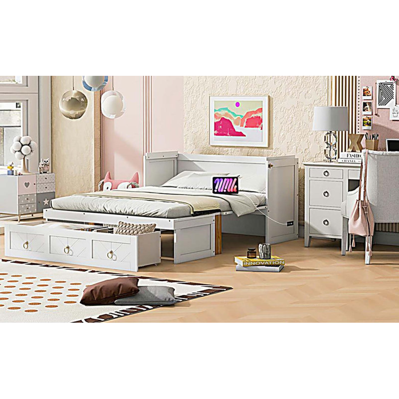 Lit escamotable double avec port USB et grand tiroir, blanc, Lit double, Blanc