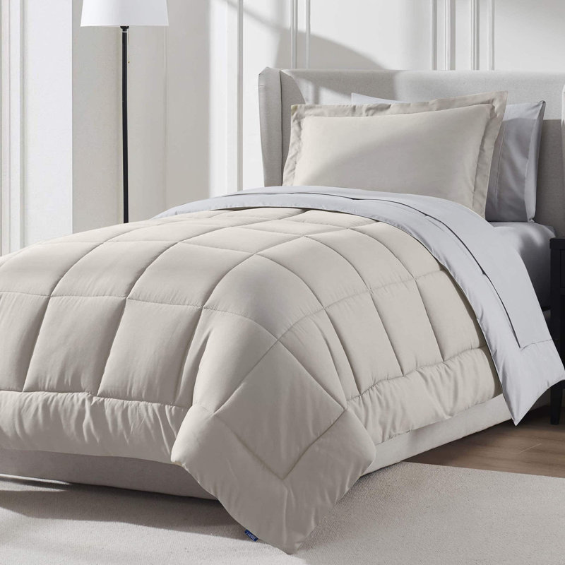 Bed-in-A-Bag Reversible Comforter Set with Bed Sheets & Down Alternative Pillows, Twin Comforter + 6 Additional Pieces, Beige