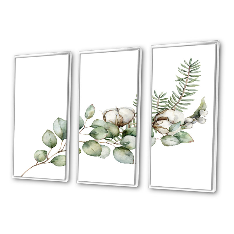 Bouquet de Noël avec branches d'eucalyptus - Peinture sur toile 3 pièces, H 28 po x l 36 po, Blanc
