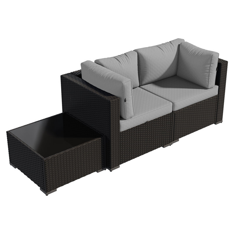 3 -Person Rattan Patio Safo With Cushions, Light Gray, Black