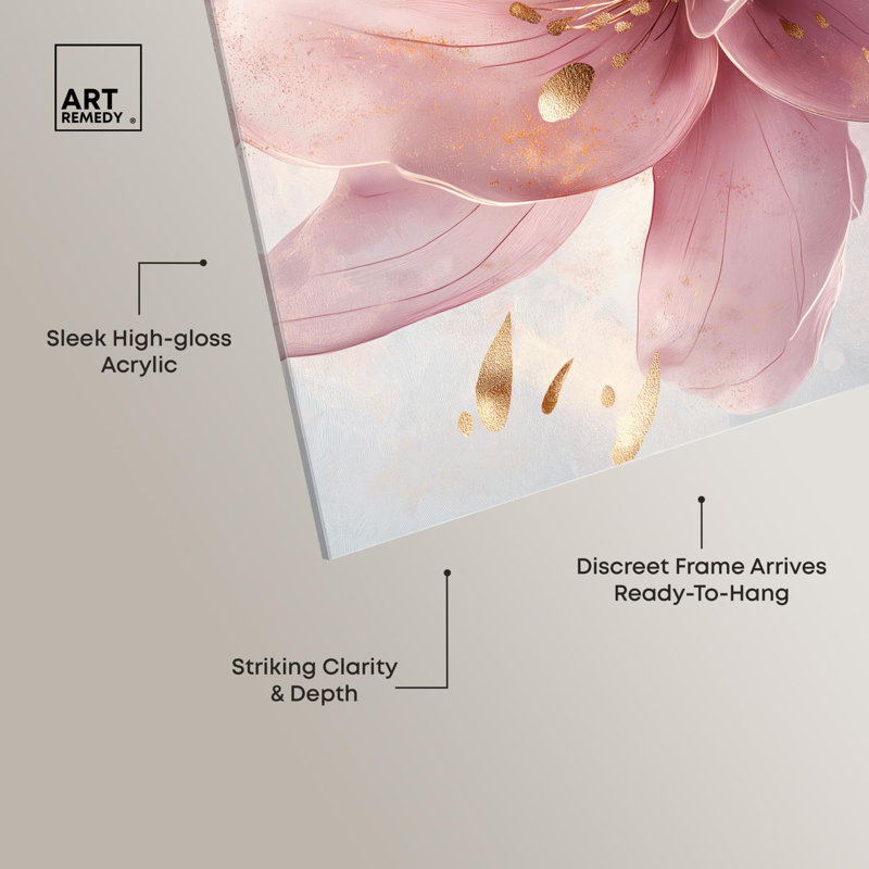 Art floral élégant en acrylique rose et doré par Art Remedy, prêt à être accroché, H 15 po x l 10 po