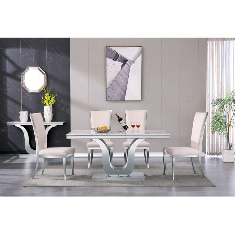 Bernhold Faux Marble Top Metal Base Dining Table, Silver