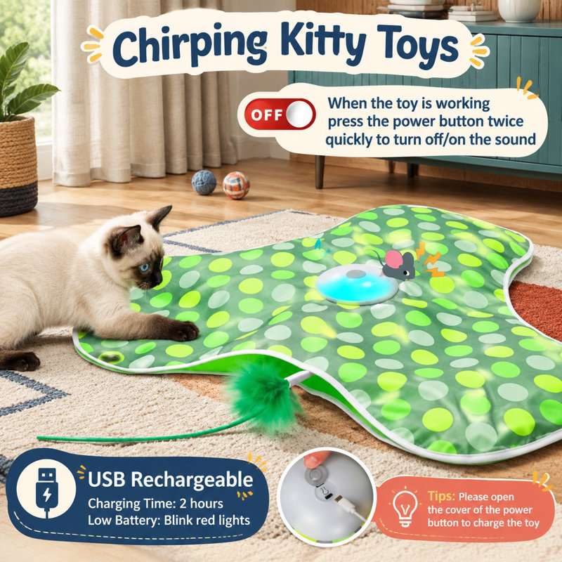 Ce jouet de cache-cache automatique à plumes mobiles, conçu pour l'exercice des chats d'intérieur, est activé par le mouvement, émet des gazouillis et fonctionne sur batterie rechargeable par USB.