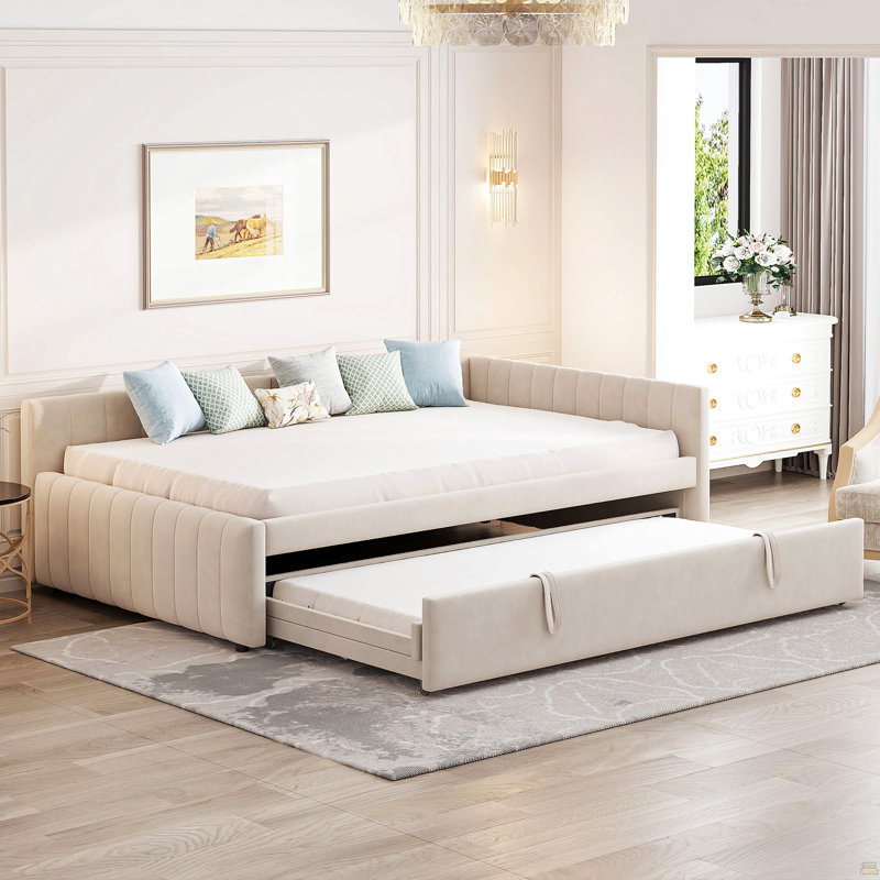 Upholstered L-Shaped Upholstered Daybed With Twinsize Pop Up Trundle, Beige, Beige