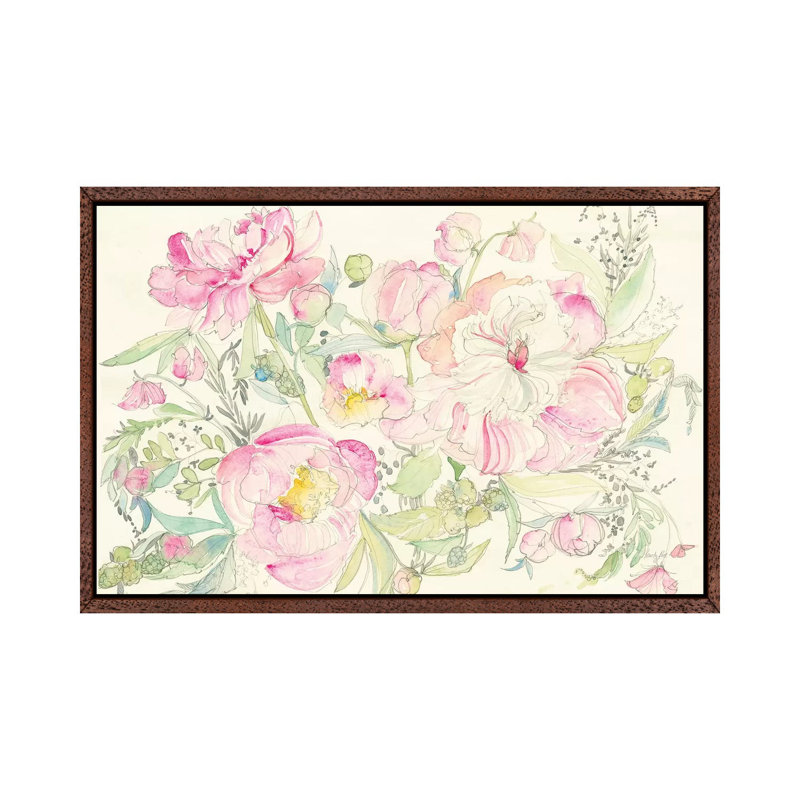 Peony Garden by Kristy Rice - Painting on Canvas, 45.72cm H x 66.04cm W x 3.81cm D, Classic Brown Wood Framed