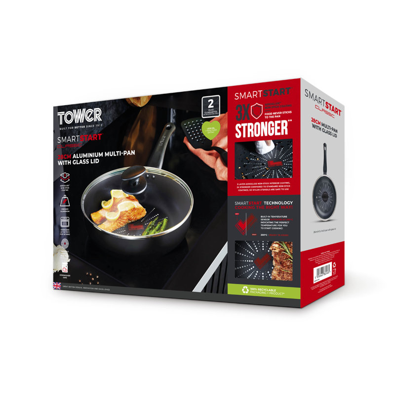 Tower T700308 SmartStart Classic 28cm Multi-Pan & Lid with Easy Clean Aeroglide Non-Stick, Oven Safe, Long Lasting, PFOA Free