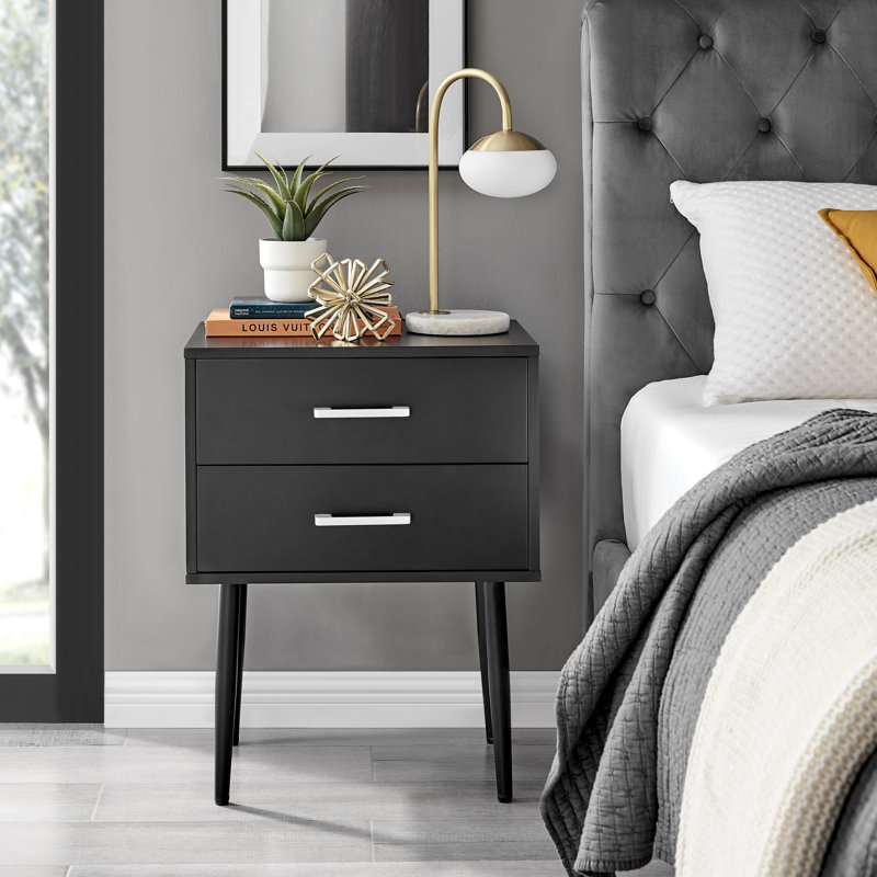 Wood Bedside Table 2 Drawers Metal Handles - Modern Design, Black/Silver