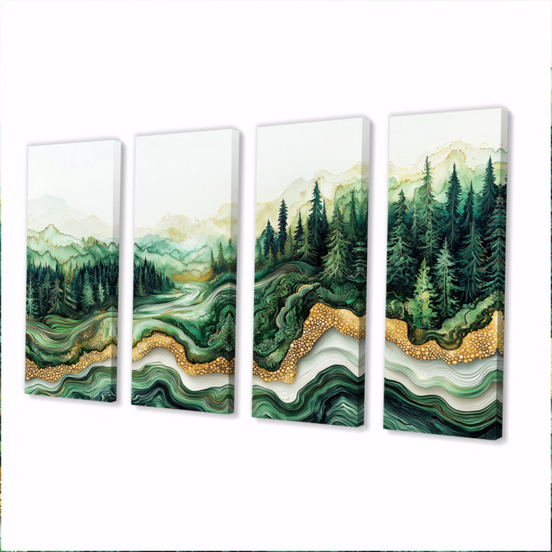 Paysage de forêt d'hiver avec rivière Emerald I - Art mural forêt - décoration murale traditionnelle, H 32 po x l 64 po, 4