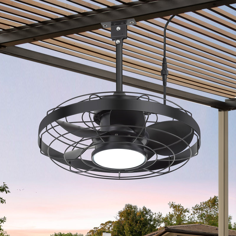 20" Outdoor Waterproof Ceiling Fan With Light And Remote, Plug In Wet Rated Modern Hanging Caged Fans For Patio, Gazebos, Backyards