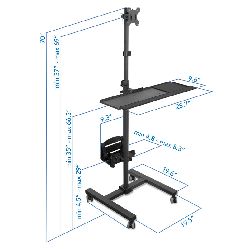 Black Height Adjustable Mobile Computer Cart with Monitor Mount and CPU Holder