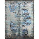 Hand Knotted Damask Area Rug in Blue/Gray/Black