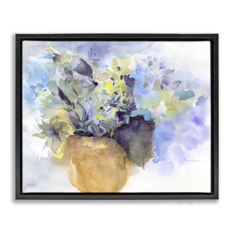 «Watercolor Blue Hydrangea», art mural encadré sur toile flottante par Evelia Designs, Cadre flottant noir de jais