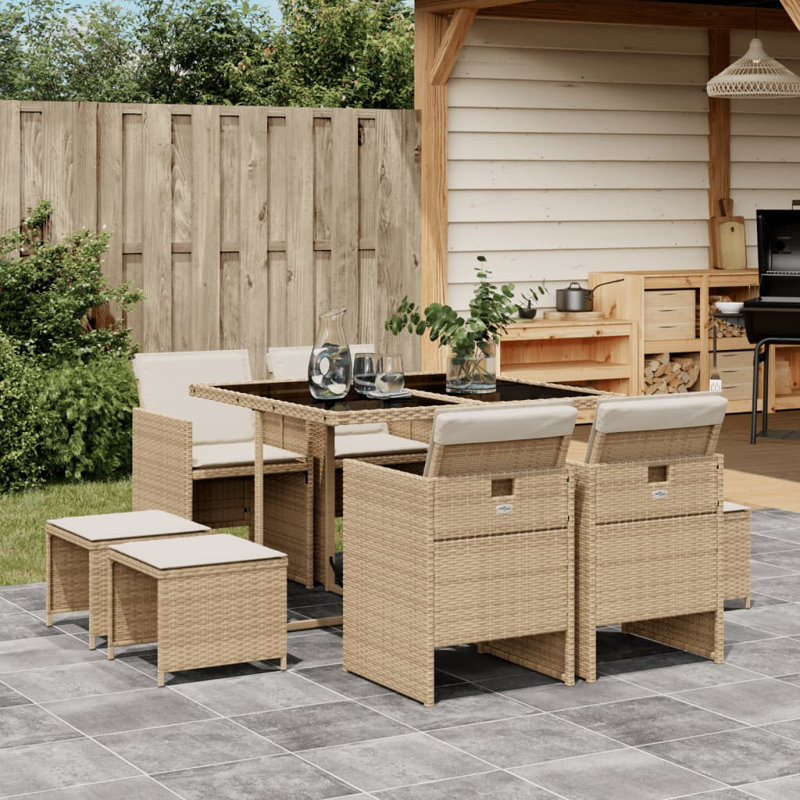 Hokku Designs 11 Piece Patio Dining Set With Cushions Gray Poly Rattan, Beige, Beige