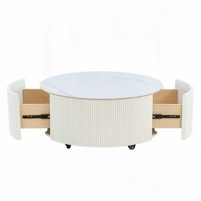 Round Movable Coffee Table with Casters, 2 Drawers