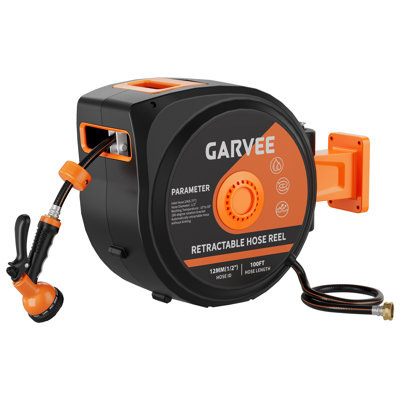 Wall Mounted Garden Hose Reel 1/2 In x 100 FT, Retractable Hose Reel with 10 Pattern Nozzle, Any Length Lock, Automatic Rewind System