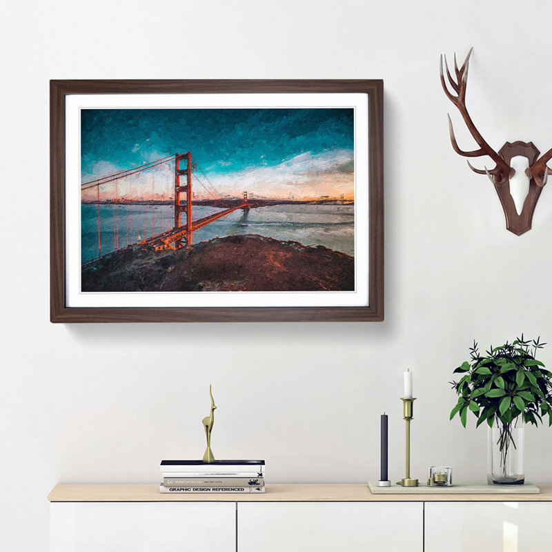 The Golden Gate Bridge in San Francisco Bay - Picture Frame Painting Print on MDF, 36cm H x 48cm W x 2cm D, Walnut Framed