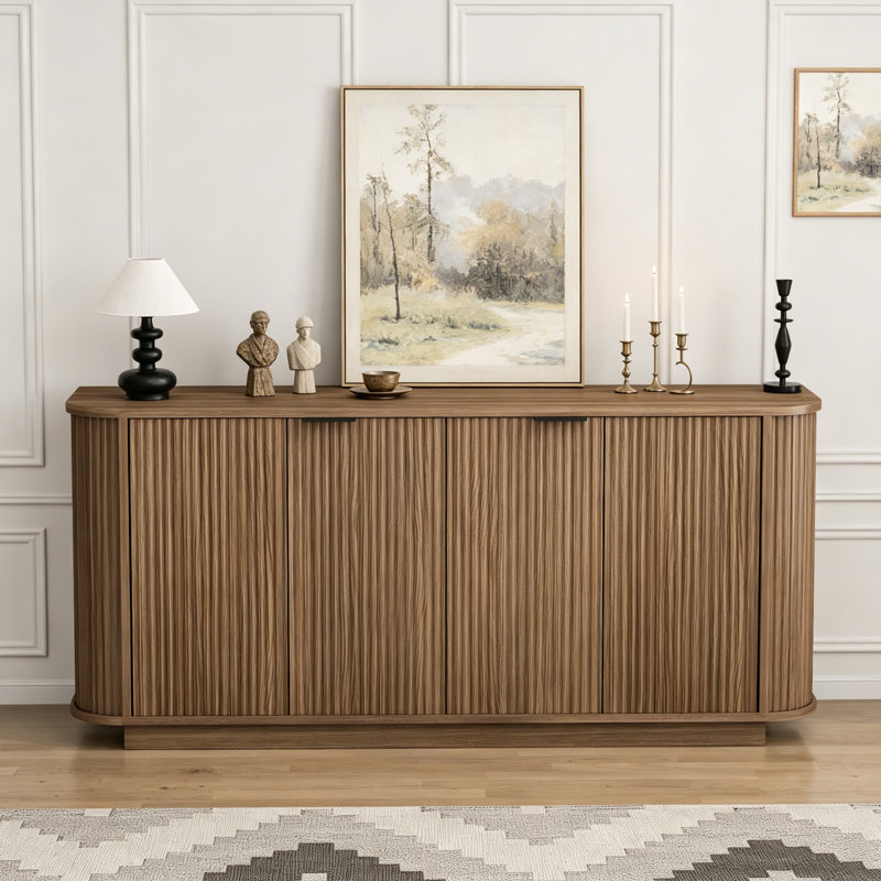 63" Double-Door Wavy Storage Sideboard Buffet Cabinet with Adjustable Shelves for Living Room, Kitchen, Hallway, etc., Walnut