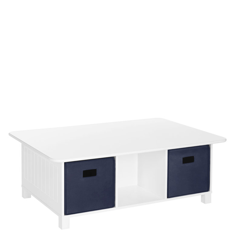 RiverRidge Kids Desk, Activity and Play Table with 6 Storage Cubbies - White with 2 Fabric Bins, White/Navy