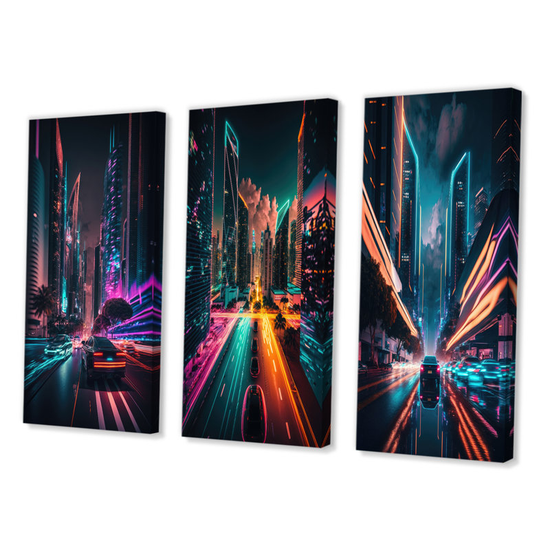 «Futuristic Miami Neon Art», 3 pièces sur toile, Toile tendue, H 40 po x l 60 po