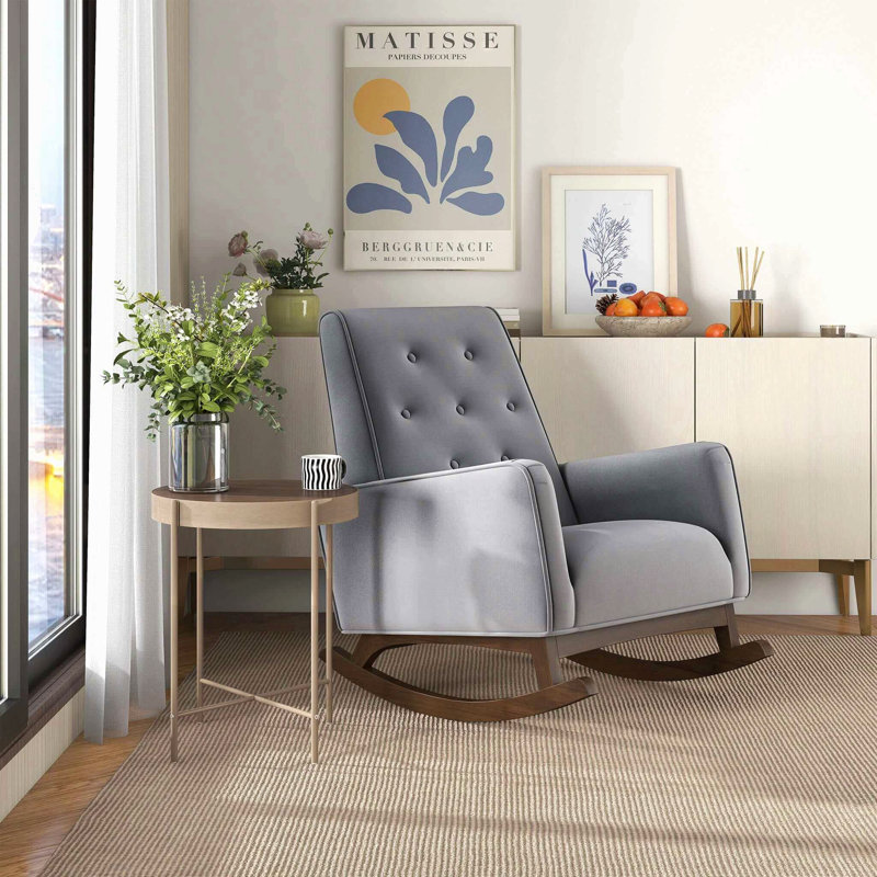 Chaise berçante en tissu et bois massif, Gris clair