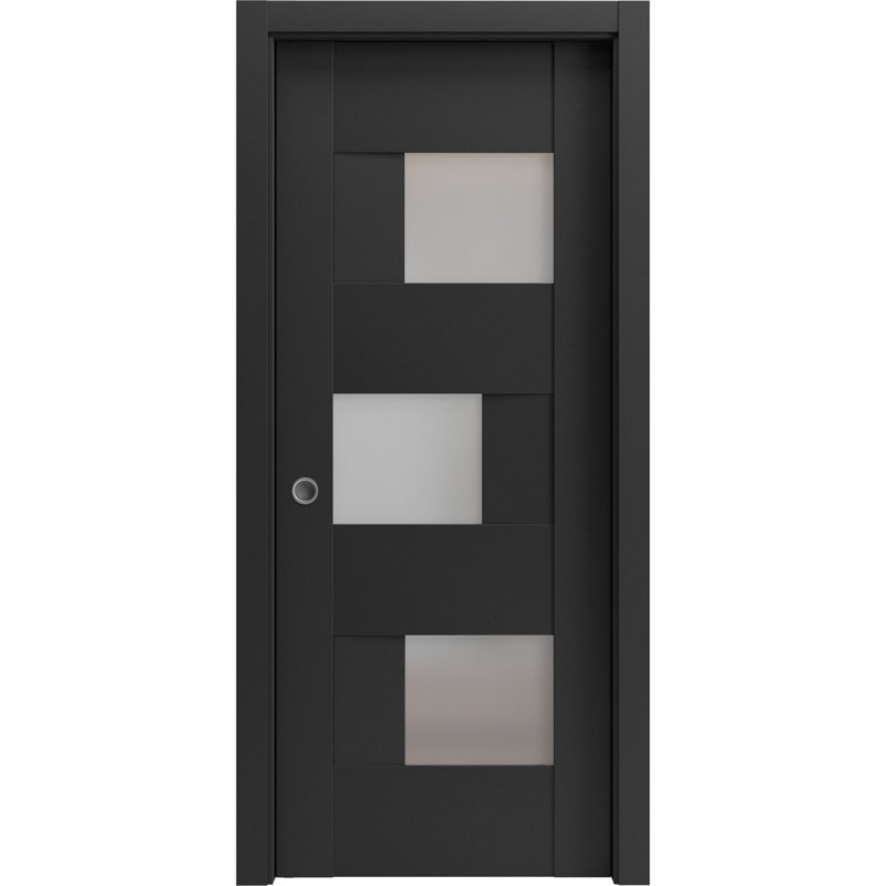 Porte coulissante à galandage avec vitrage dépoli Sete 6933, noir mat, ensemble de garnitures, quincaillerie, bois massif, intérieur de chambre, portes robustes - 42 po x 84 po
