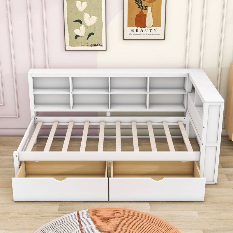 Lit de jour simple en bois avec tablettes et ports USB Danely, Blanc