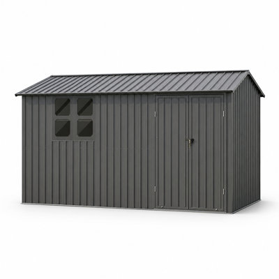 Abri de jardin en métal de 3,66 m de large x 3,05 m de profondeur avec fenêtre, étagères intégrées et table de travail pliante