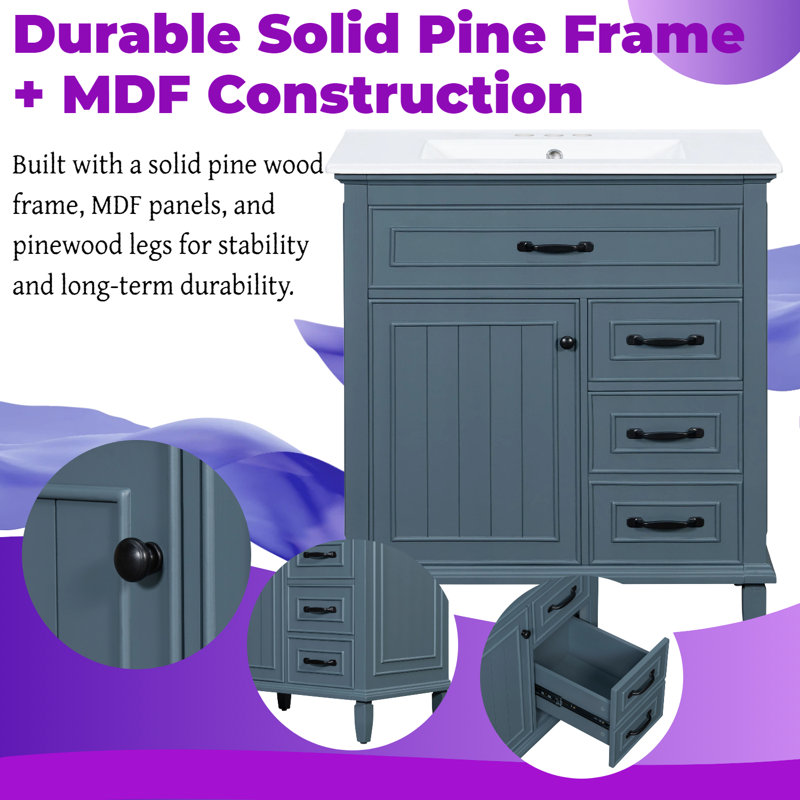 Meuble-lavabo autoportant de 30 po avec lavabo en céramique, structure en bois massif, Bleu gris