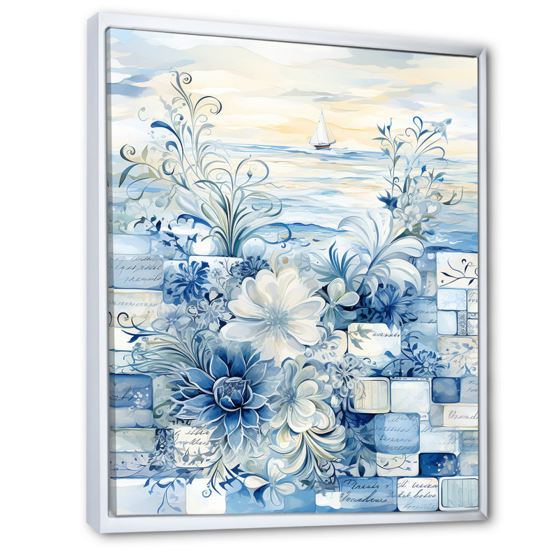 Carreaux botaniques blancs et bleus I - Botanicals Wall Art, Cadre flottant blanc, H 32 po x l 16 po x P 1 po