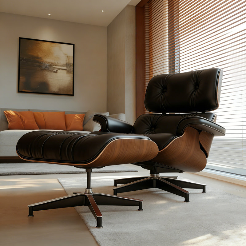 Genuine Leather Swivel Lounge Chair With Ottoman, Black, Walnut