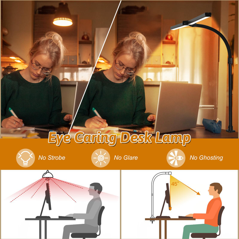 Double Head LED Desk Lamp With Remote Control For Home Office 24W Brightest Computer Desk Light For Workbench Drafting Architect Study Reading With Anti-Glare Cover