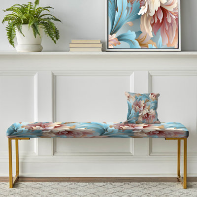 Pink And Blue Damask Flowering - Damask Upholstered Gold Bench