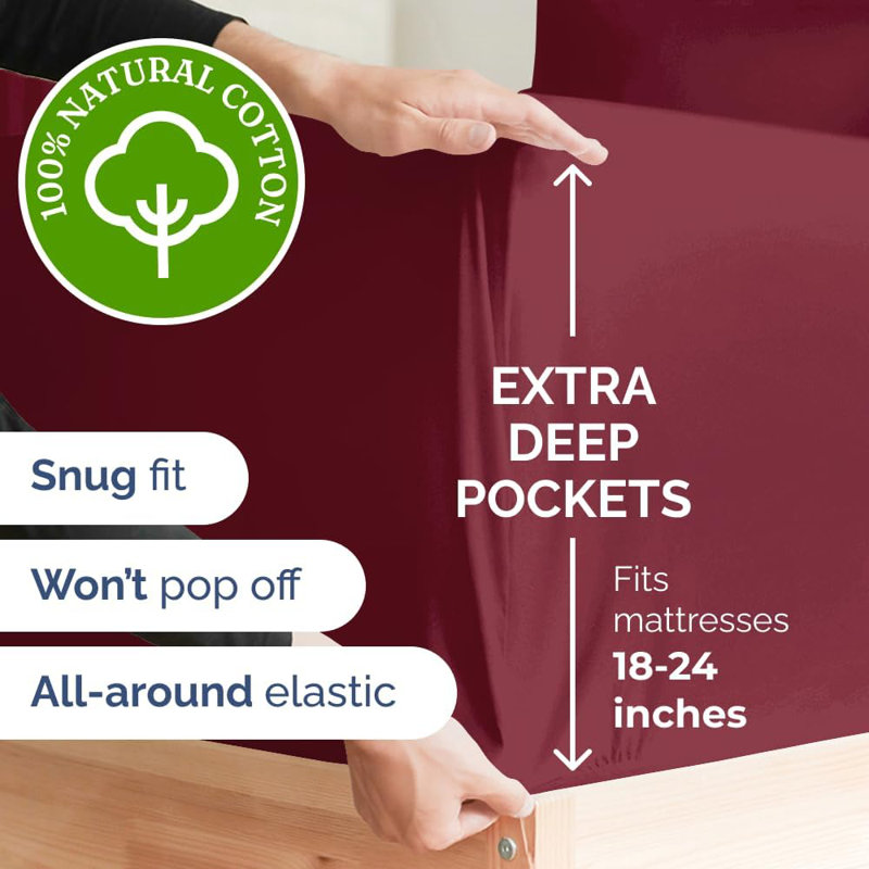 4 Piece 400 Thread Count Cotton Sheet Set – Extra Deep Pocket, Cooling, Breathable & Soft Bedding, Burgundy