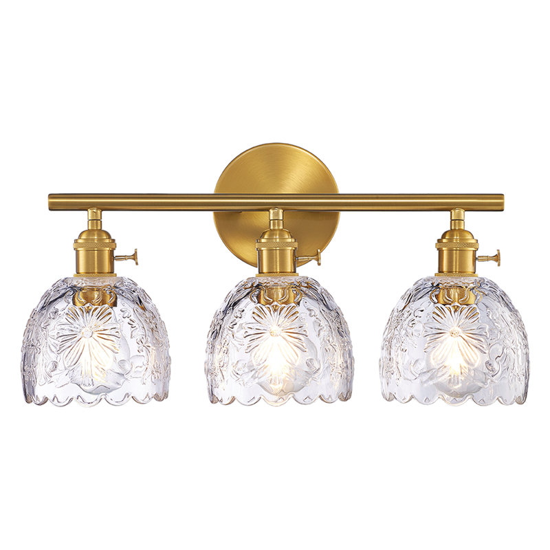 Éclairage pour salle de bain 3 lumières en laiton brossé avec abat-jour en verre floral