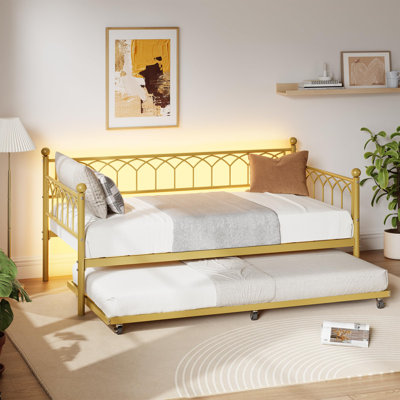 Daybed with Trundle, Metal Twin Trundle Bed with Charging Station & LED Lights, Sofa Beds Frame with Pull Out Bed