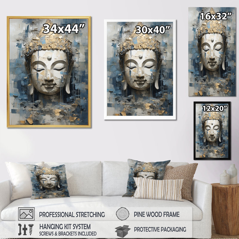 Statue religieuse du bouddhisme royal sur toile, Toile tendue, H 44 po x l 34 po x P 1,5 po