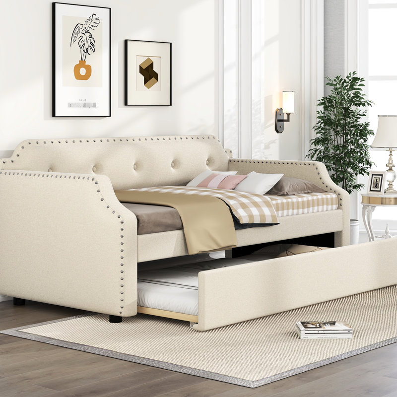Lit de jour rembourré avec lit gigogne, beige pour lit simple