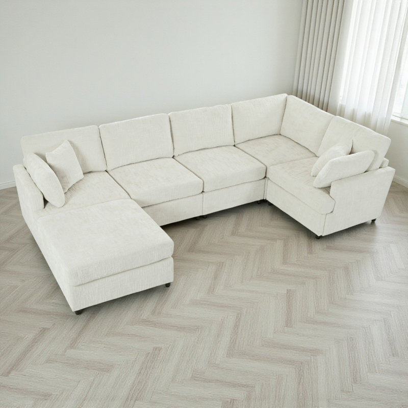 Domoni 6 - Piece Upholstered Sectional, Beige Chenille