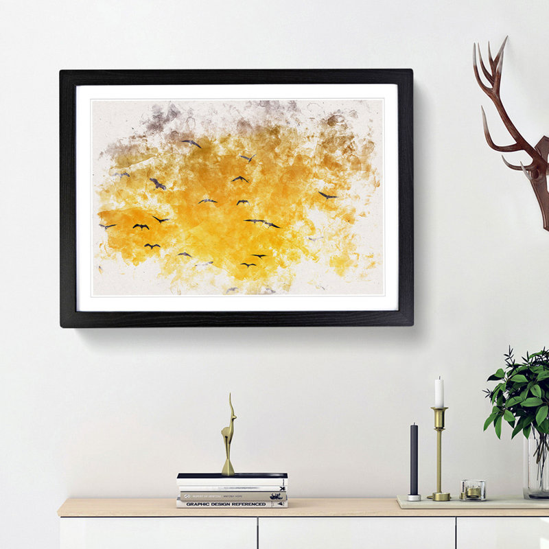 Egrets At Sunset - Picture Frame Painting, 36cm H x 48cm W x 2cm D, Black Framed