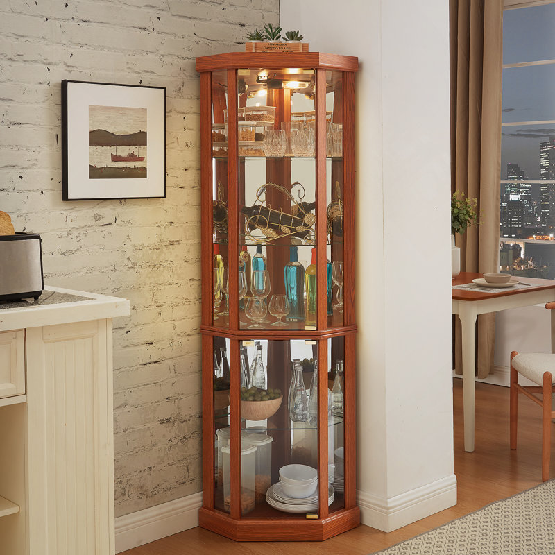 Corner Lighted Curio Cabinet With Adjustable Glass Shelves And Mirrored Back, Ideal For Displaying Antiques, Wine, And More In Living Rooms