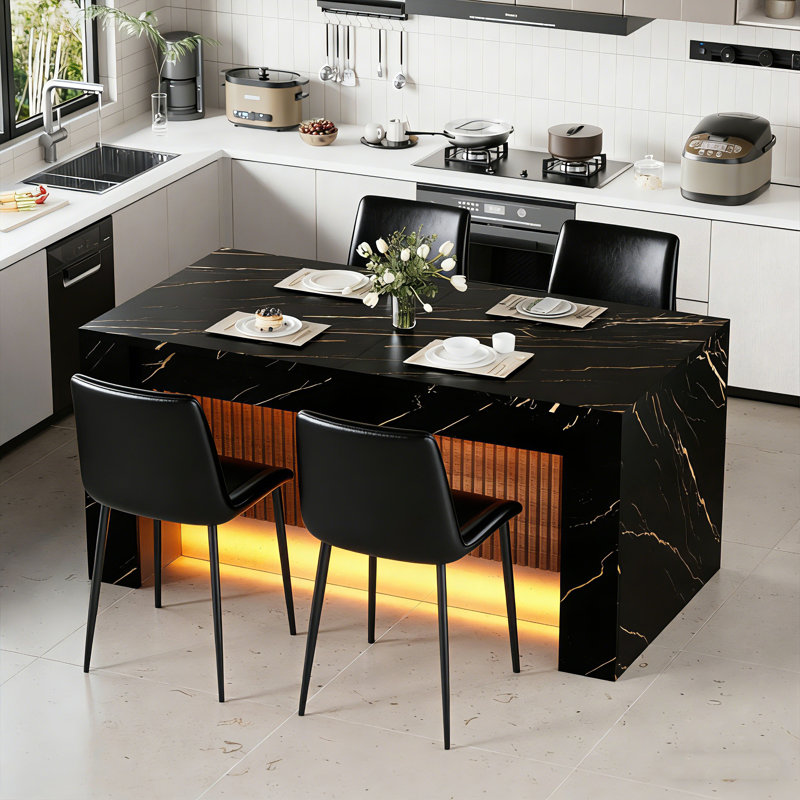 Ensemble de table de salle à manger de 63 po pour 4 à 6 personnes, îlot de cuisine rectangulaire en imitation marbre avec lumières DEL et grille, comprenant 4 chaises 