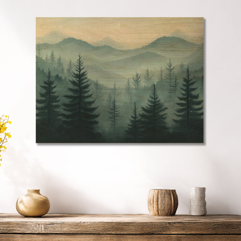 Forêt d'hiver «Pinetree I», art mural bois naturel, H 18 po x l 24 po, Rectangulaire
